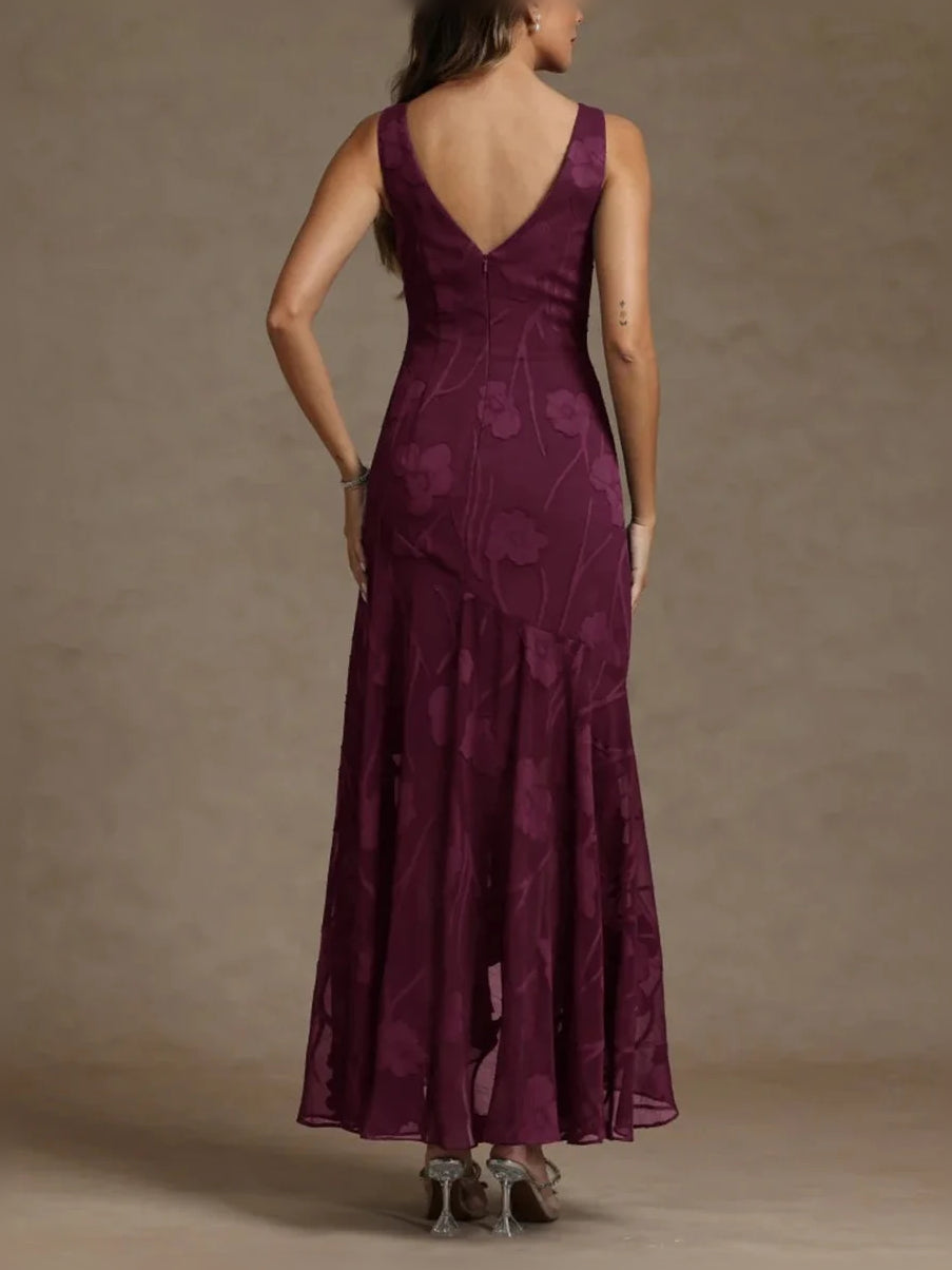 Deep Red high-low mother of the bride dress, alternate view showing the bodice and skirt