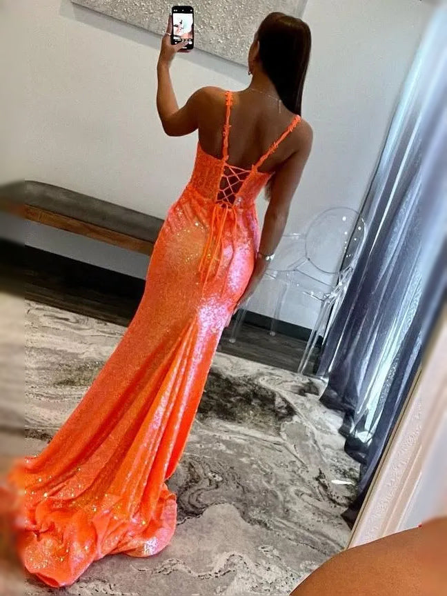 Orange floor-length prom dress, alternate view showing the bodice and skirt