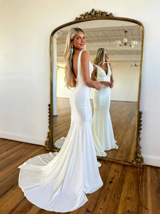 White mermaid maxi formal dress with beading, alternate view