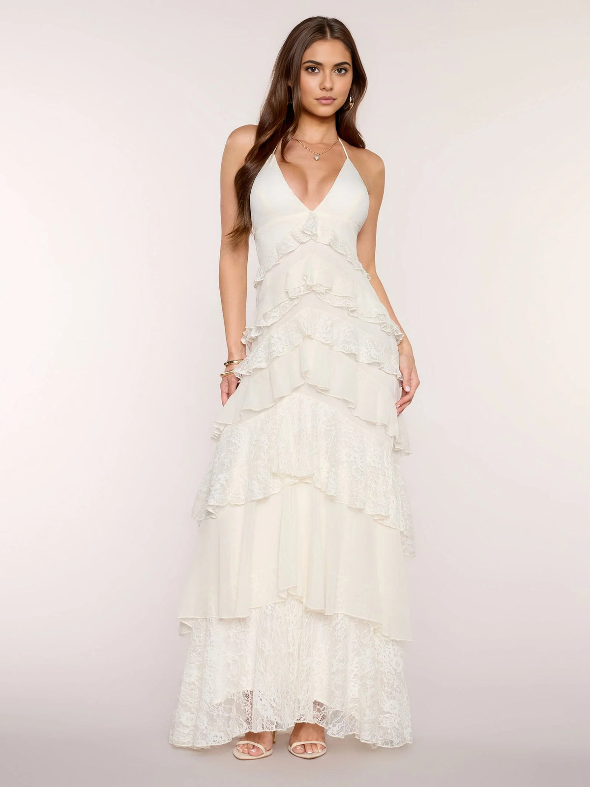 Ivory white maxi prom dress, alternate view showing the bodice and skirt