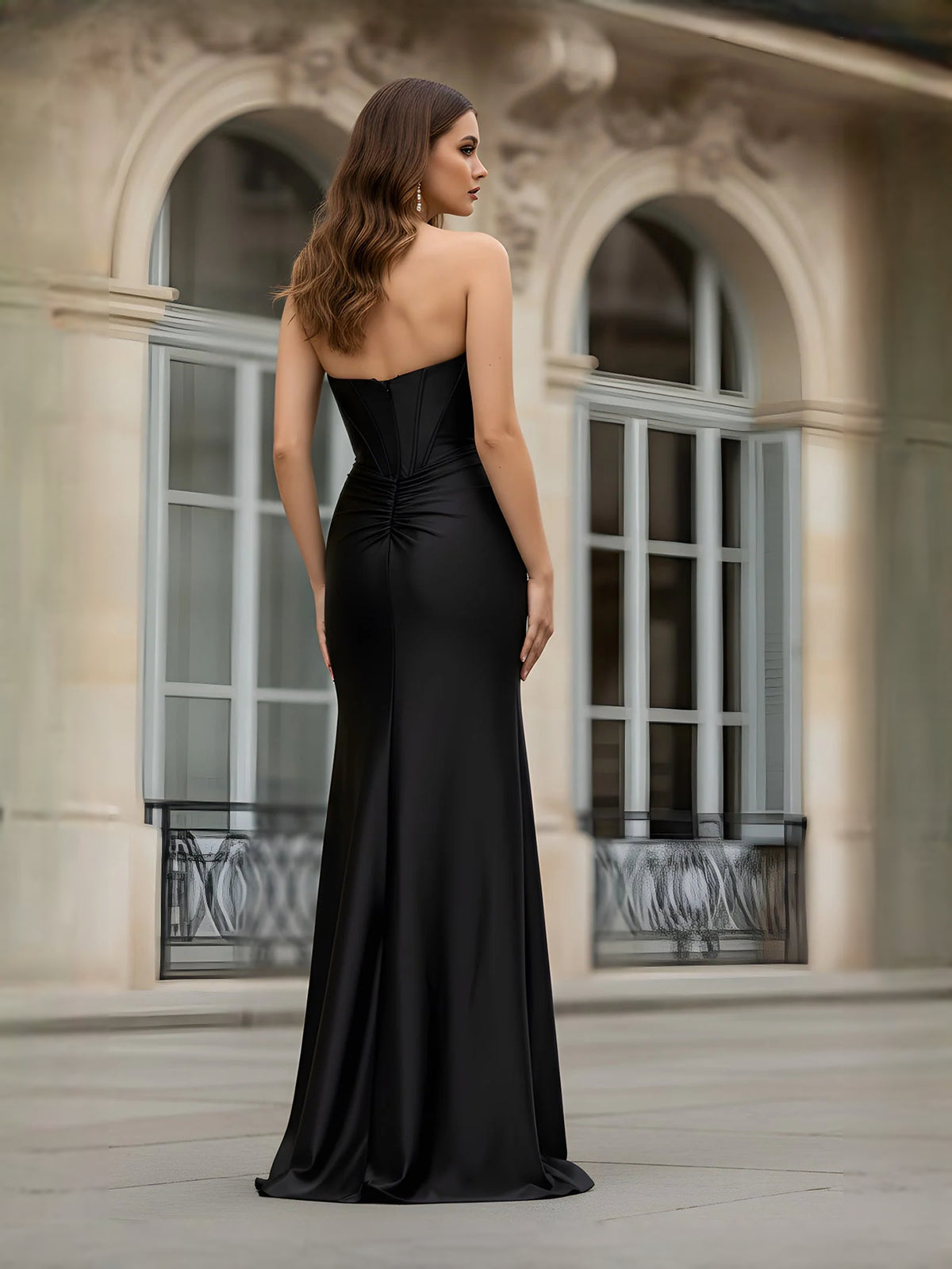Black maxi prom dress, alternate view showing the bodice and skirt