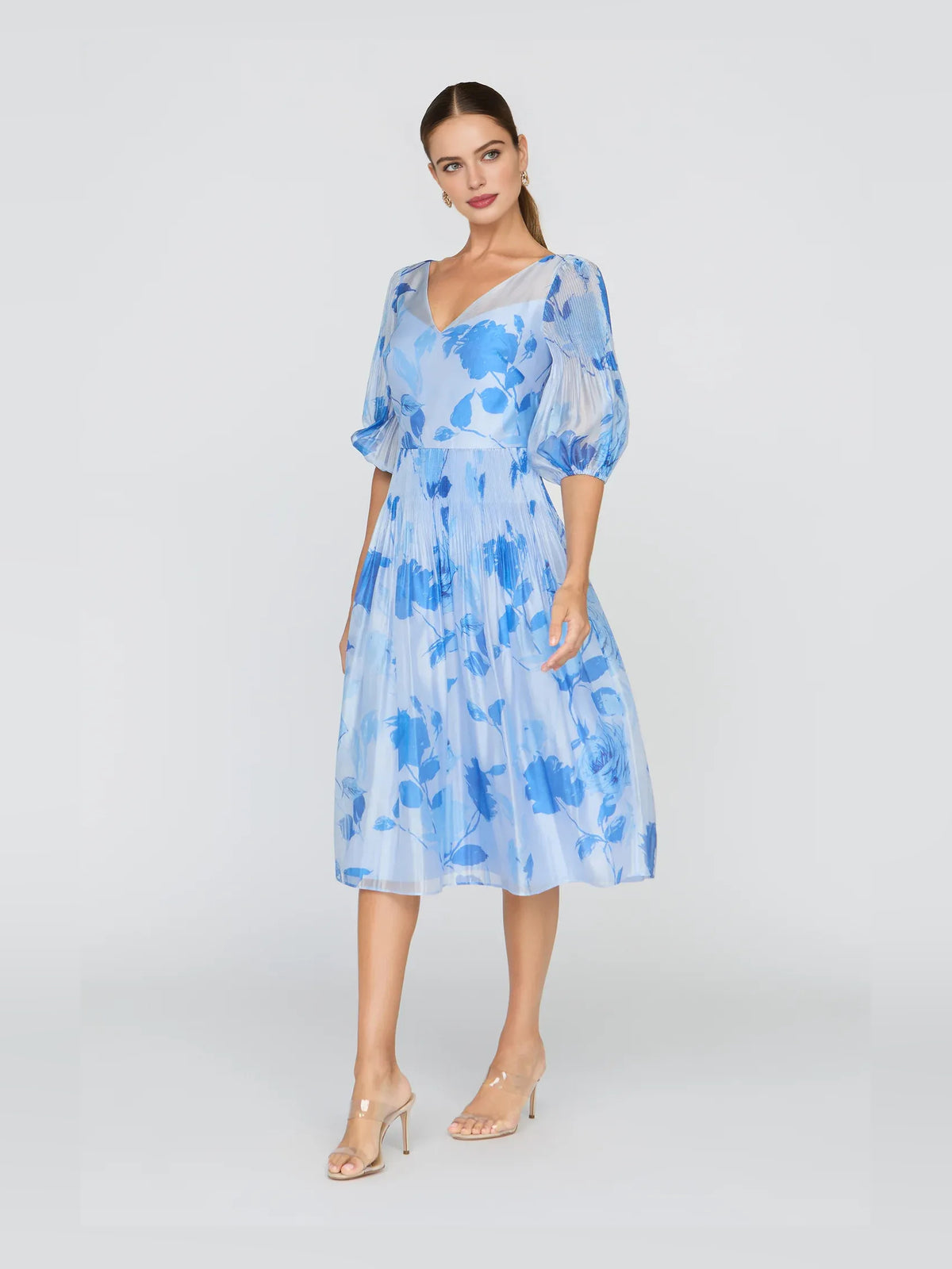 Blue tea-length prom dress, alternate view showing the bodice and skirt