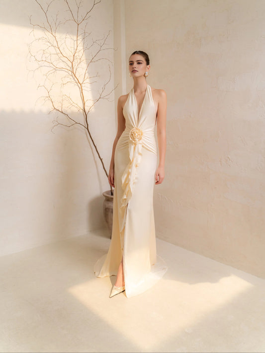 Ivory white maxi prom dress, alternate view showing the bodice and skirt