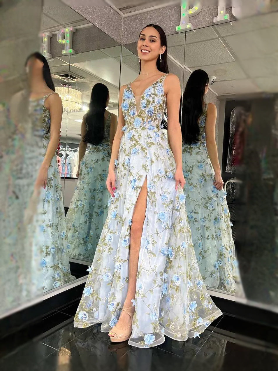 Sky Blue maxi prom dress, back view showing the rear of the dress