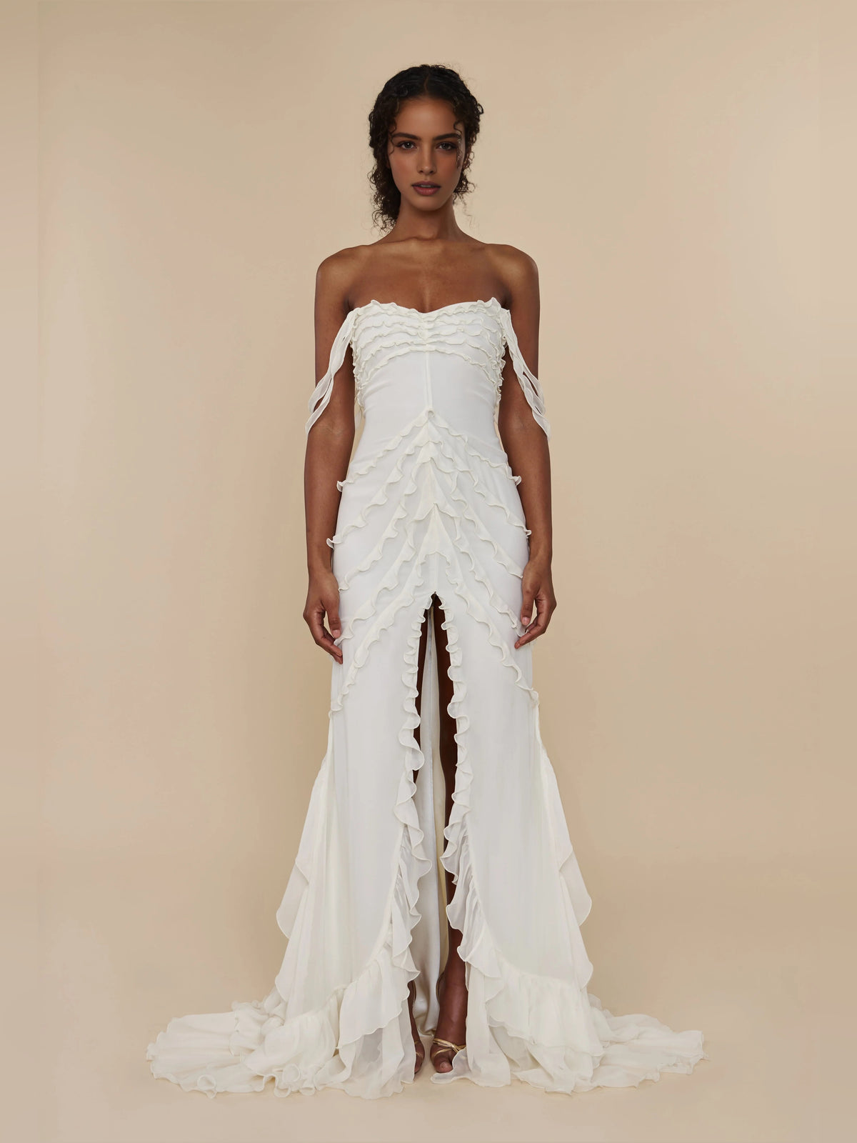 Ivory white floor-length prom dress, alternate view showing the bodice and skirt