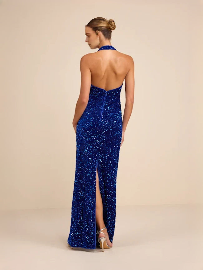 Royal Blue floor-length prom dress, back view showing the rear of the dress