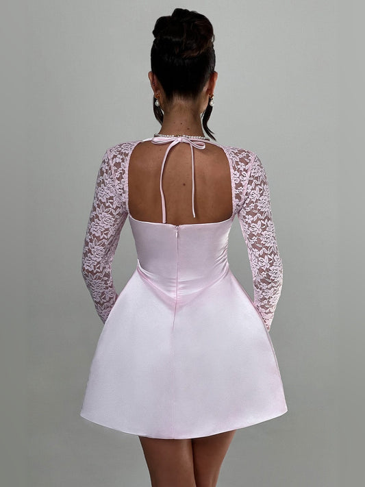 Blush mini homecoming dress, alternate view showing the bodice and skirt