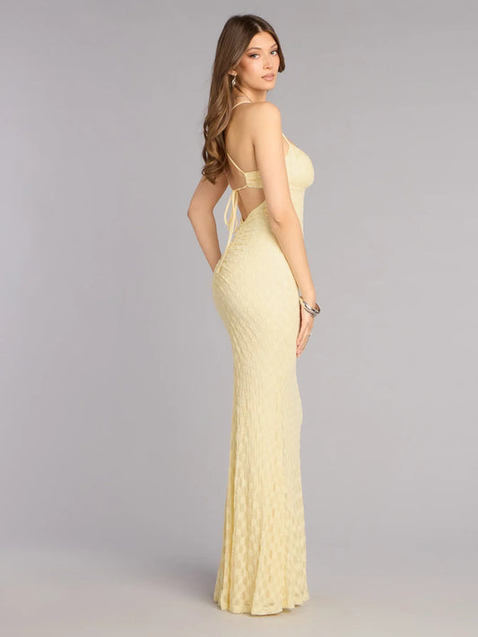 Yellow mermaid floor-length formal dress with ruching, alternate view