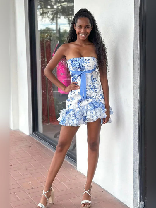 Floral mini homecoming dress, back view showing the rear of the dress