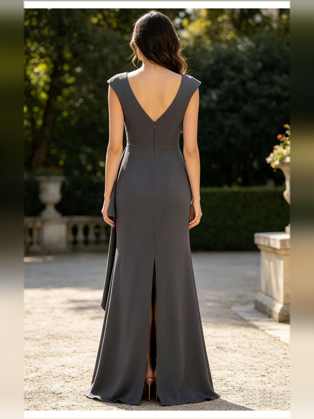 Gray sheath floor-length formal dress with ruffle details, alternate view