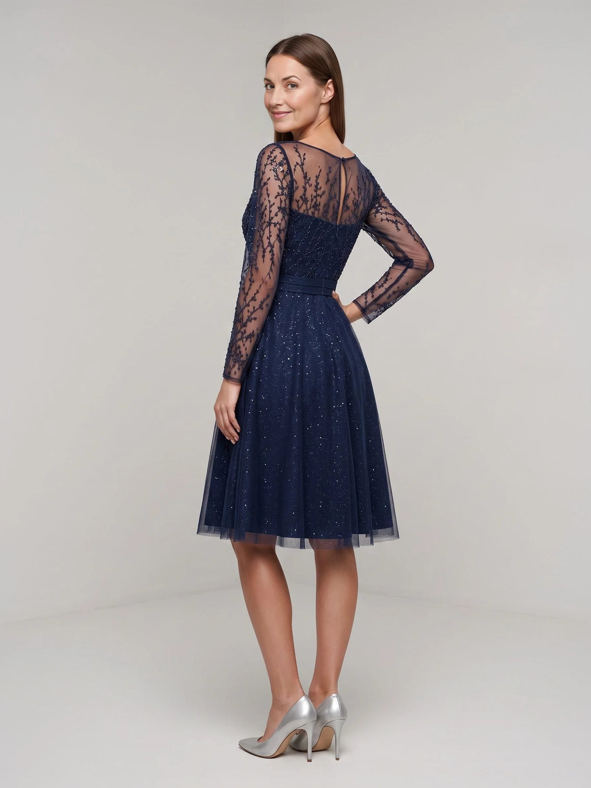 Dark Blue short mother of the bride dress, alternate view showing the bodice and skirt