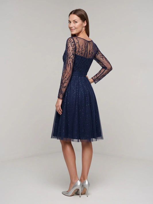 Dark Blue short mother of the bride dress, alternate view showing the bodice and skirt