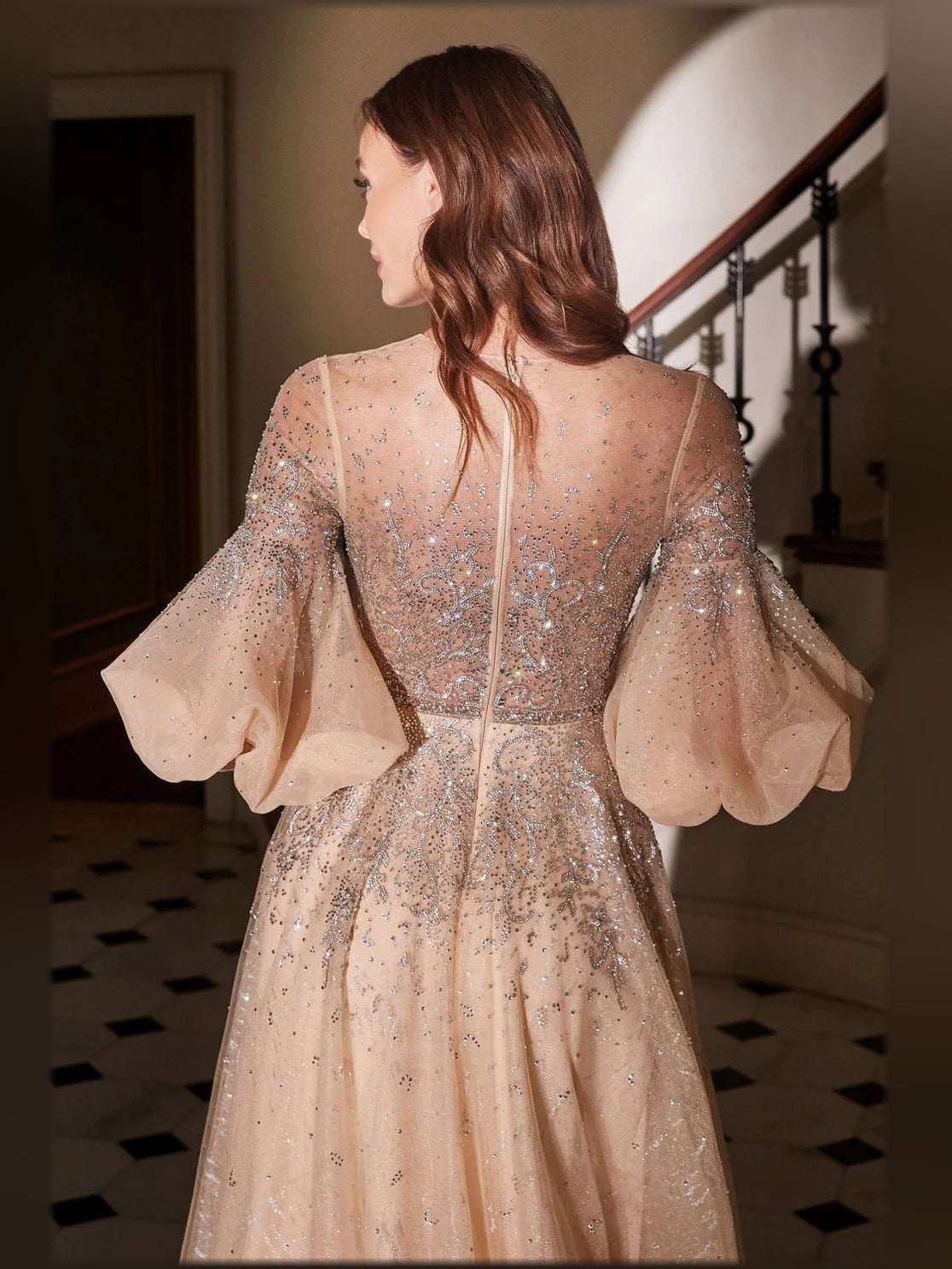Champagne a-line floor-length formal dress with beading, alternate view