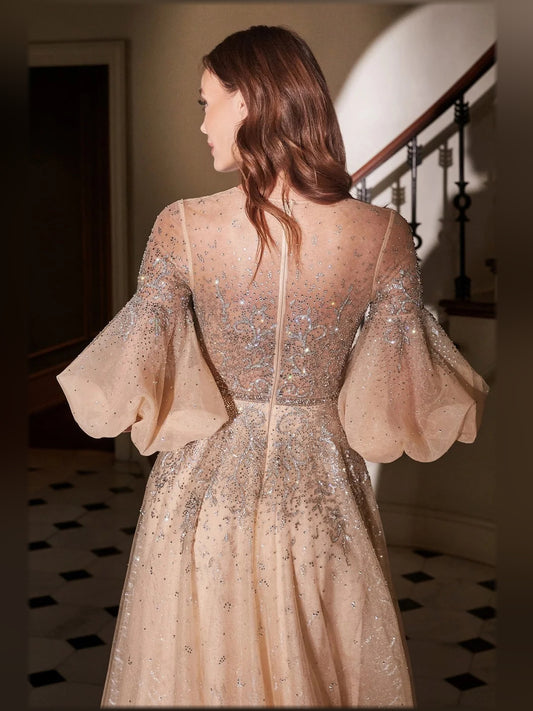 Champagne a-line floor-length formal dress with beading, alternate view