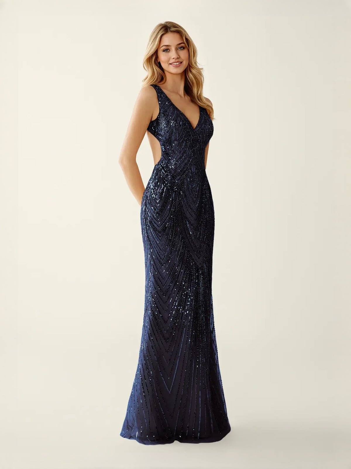 Dark Navy maxi prom dress, back view showing the rear of the dress