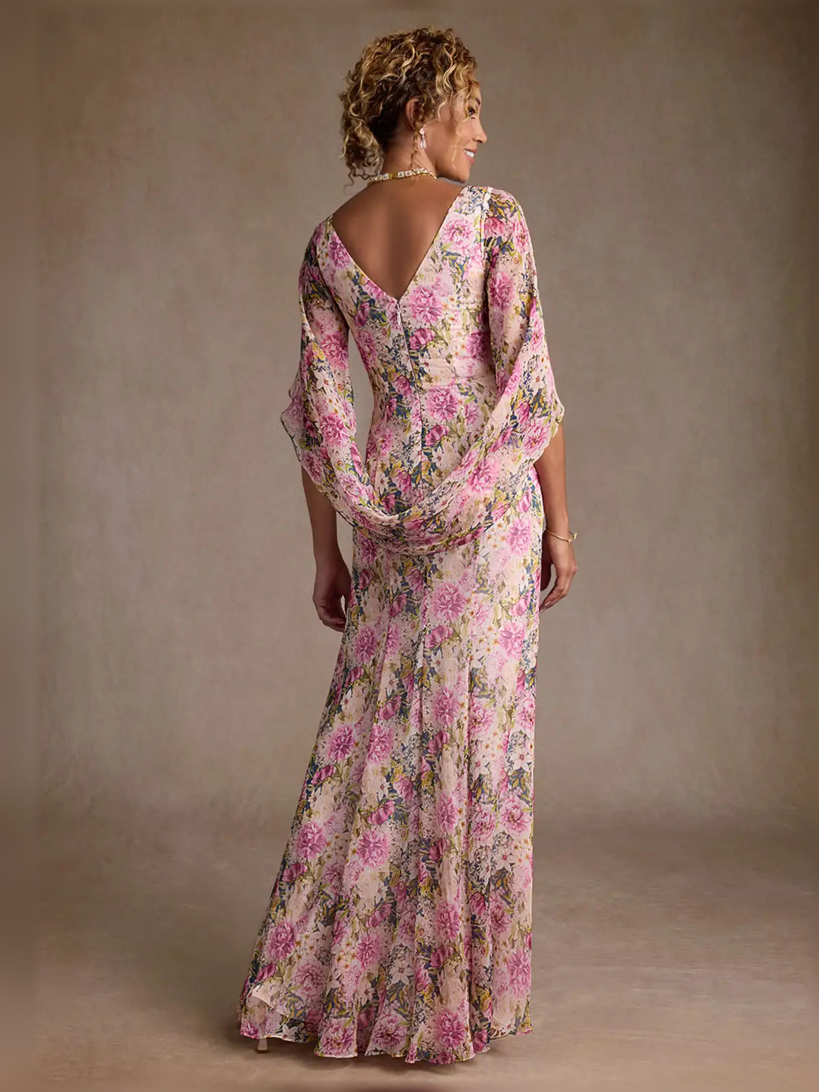 Floral floor-length mother of the bride dress, alternate view showing the bodice and skirt