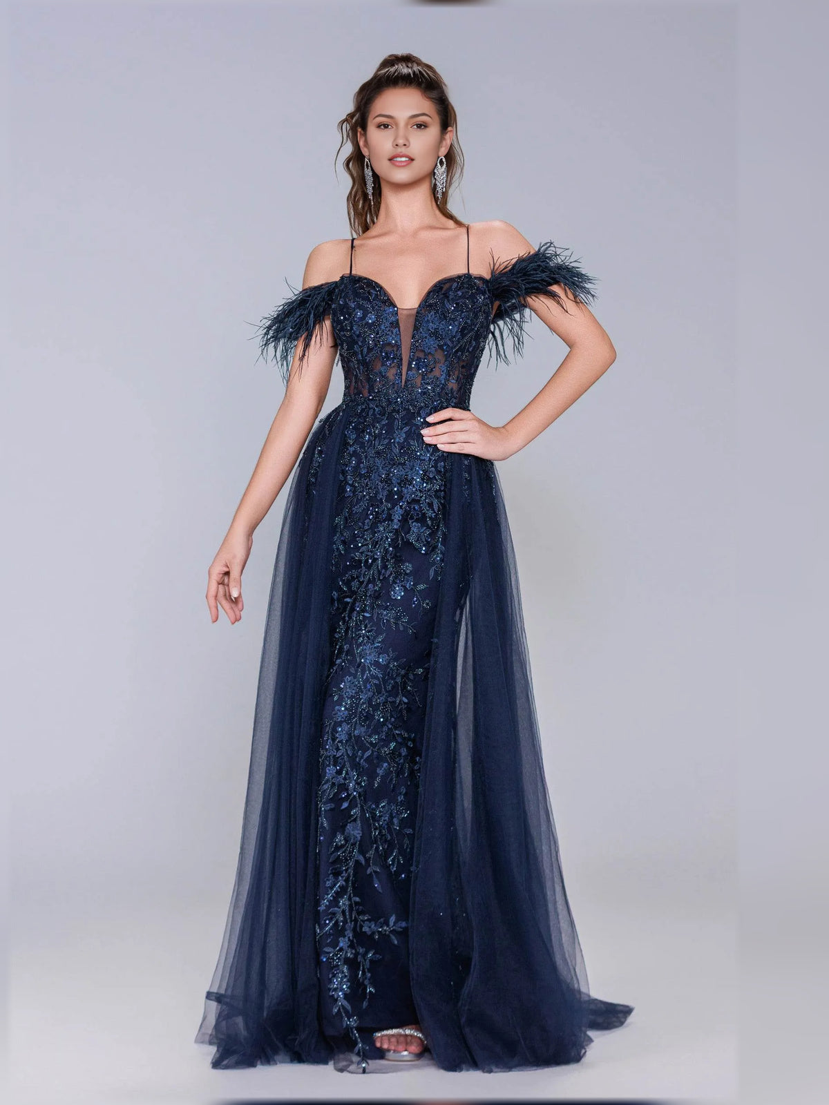 Navy Blue mermaid floor-length formal dress with corset-style bodice, alternate view