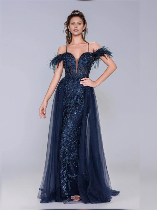 Navy Blue mermaid floor-length formal dress with corset-style bodice, alternate view