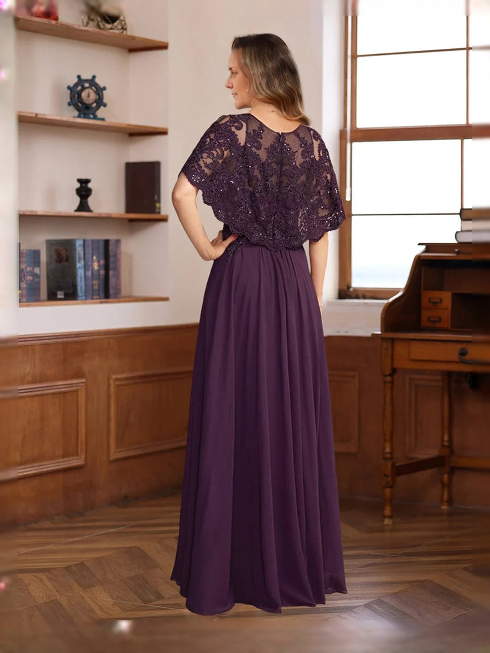 Deep Purple floor-length mother of the bride dress, alternate view showing the bodice and skirt