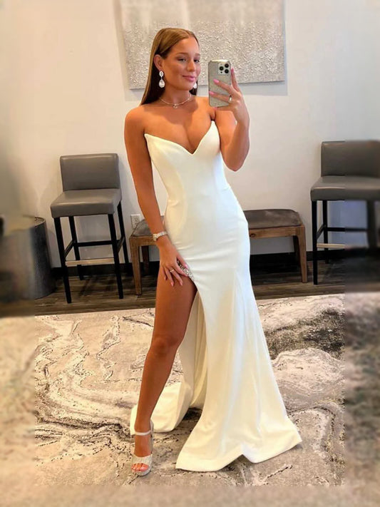 White maxi prom dress, back view showing the rear of the dress