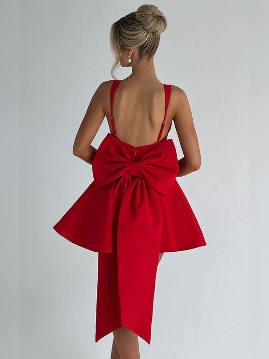 Red mini homecoming dress, alternate view showing the bodice and skirt