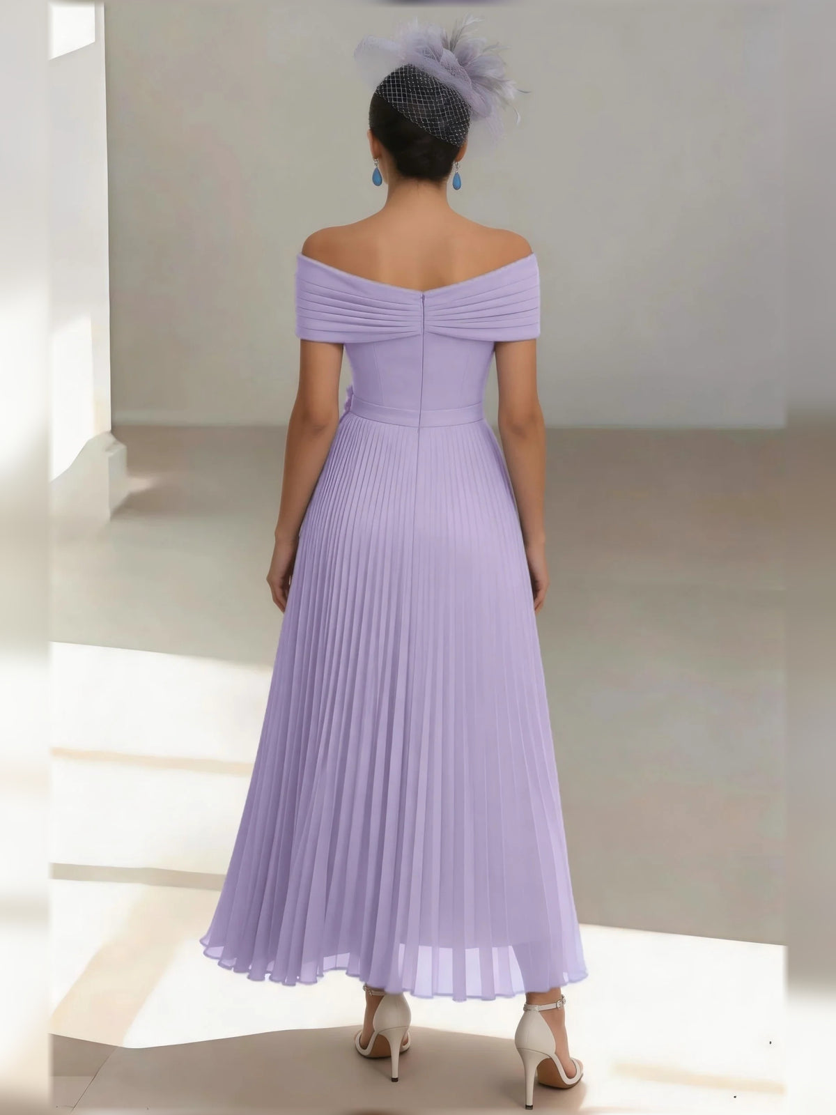 Lilac midi mother of the bride dress, alternate view showing the bodice and skirt