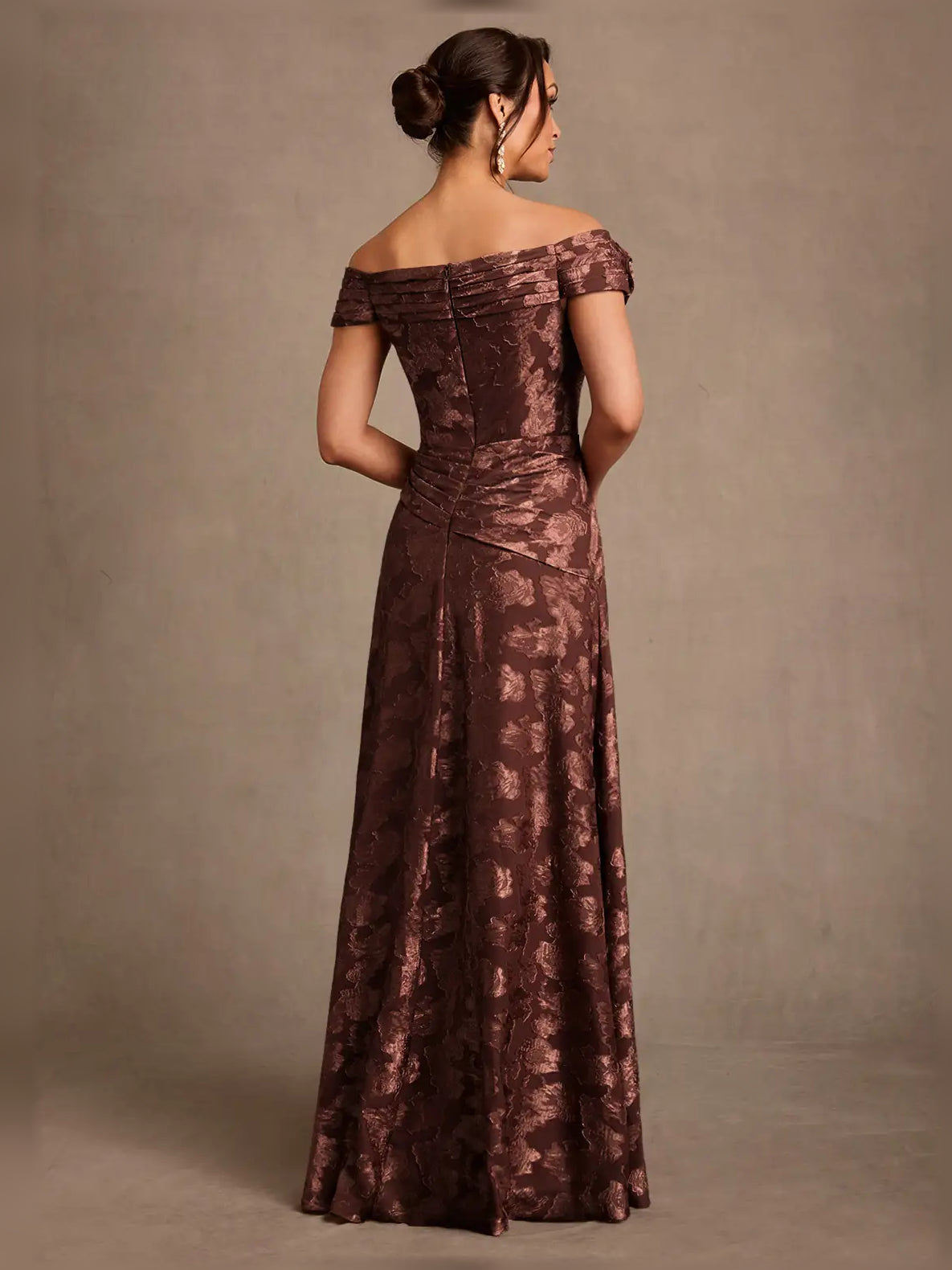 Espresso maxi mother of the bride dress, alternate view showing the bodice and skirt