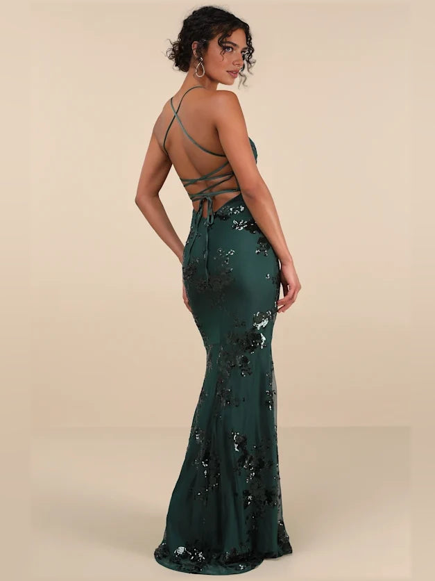 Emerald Green floor-length prom dress, back view showing the rear of the dress