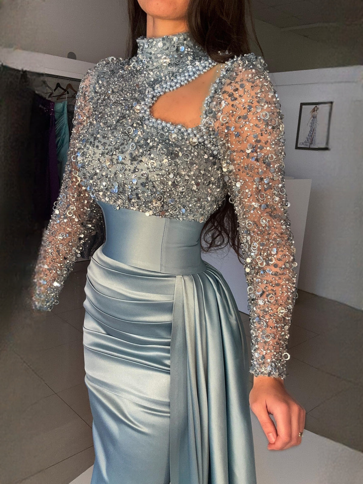 Dusty Blue mermaid floor-length formal dress with sequins, alternate view