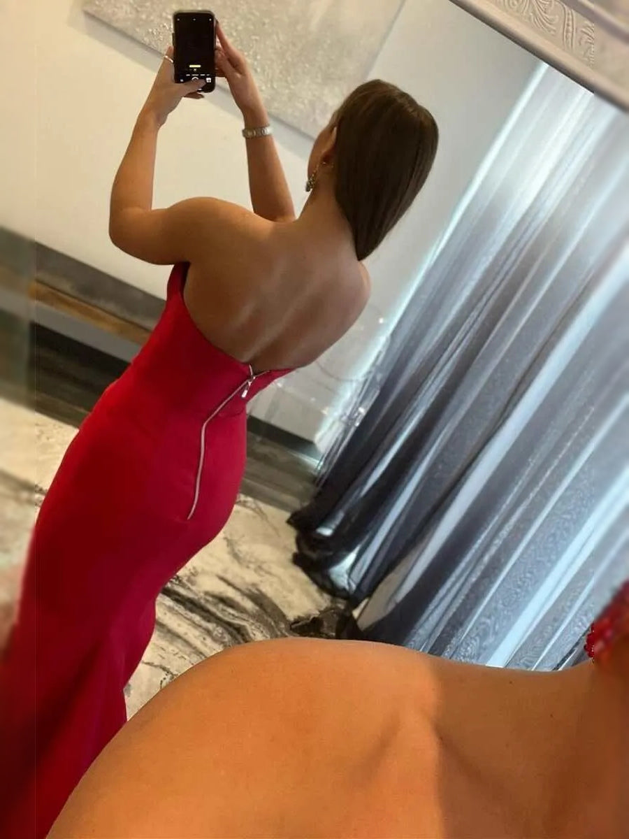 Red maxi prom dress, back view showing the rear of the dress
