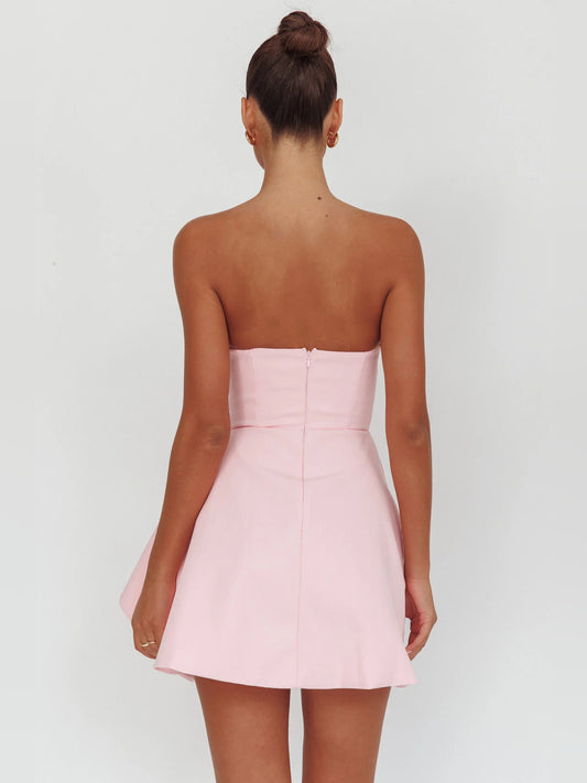 Pink mini homecoming dress, alternate view showing the bodice and skirt