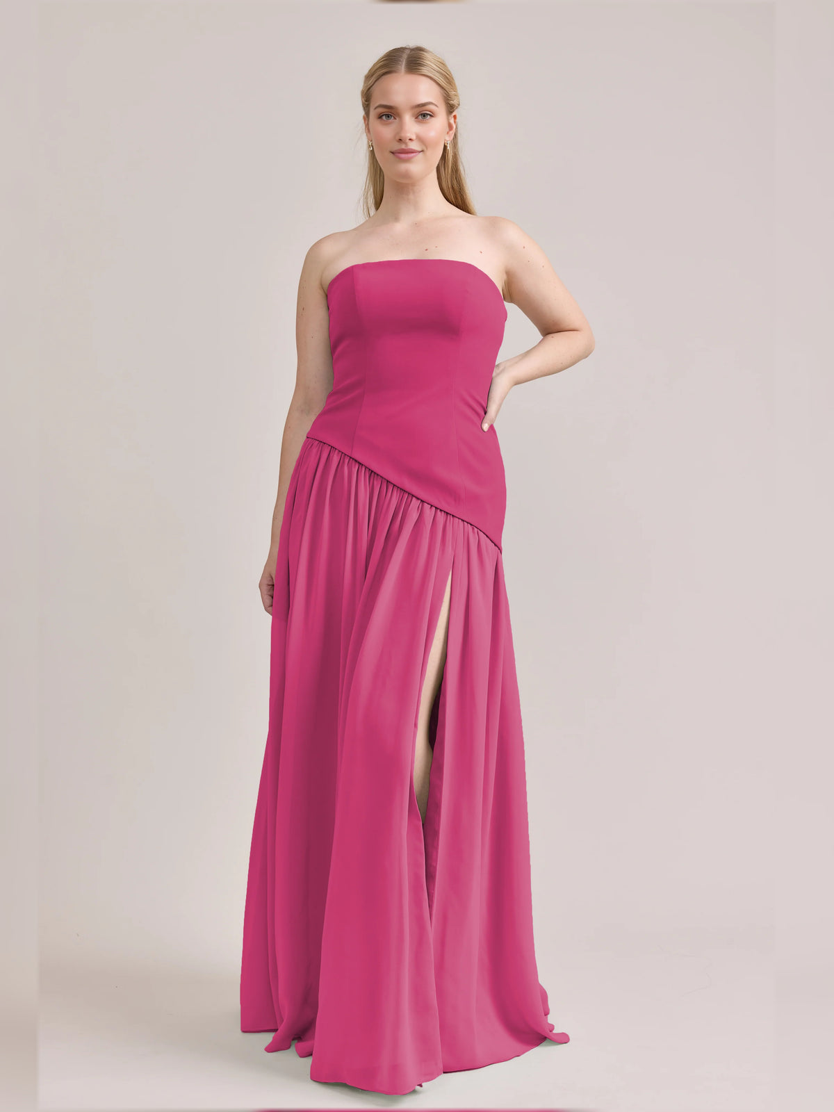 Hot Pink maxi bridesmaid dress, alternate view showing the bodice and skirt