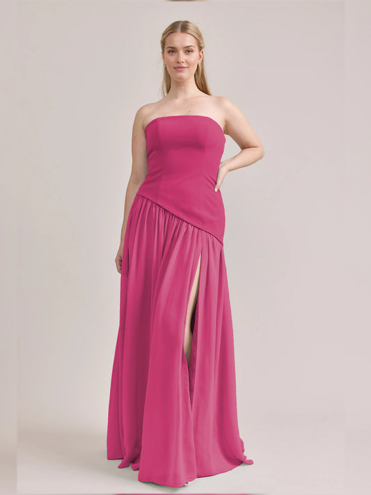 Hot Pink maxi bridesmaid dress, alternate view showing the bodice and skirt
