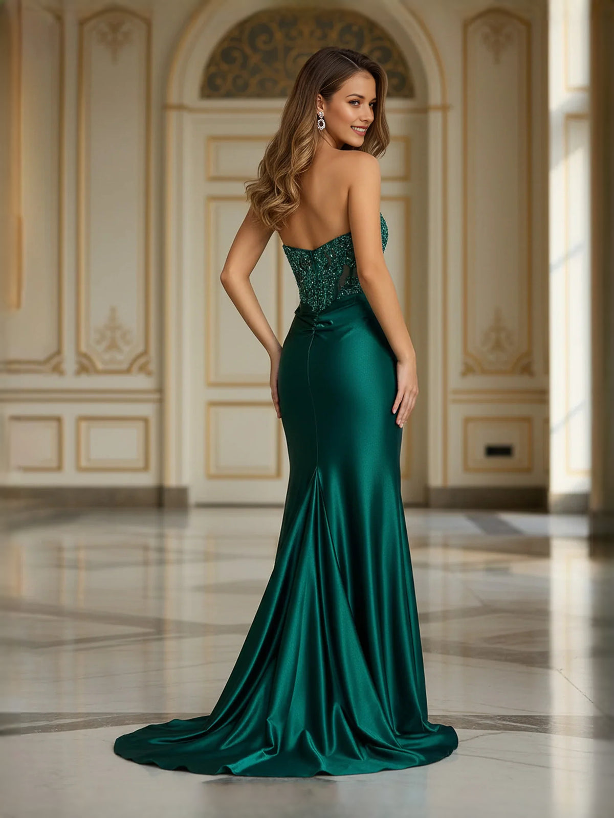 Dark Green floor-length prom dress, alternate view showing the bodice and skirt