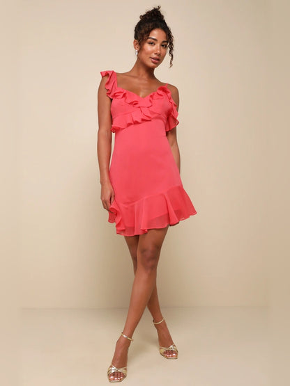 Coral Pink mini homecoming dress, alternate view showing the bodice and skirt