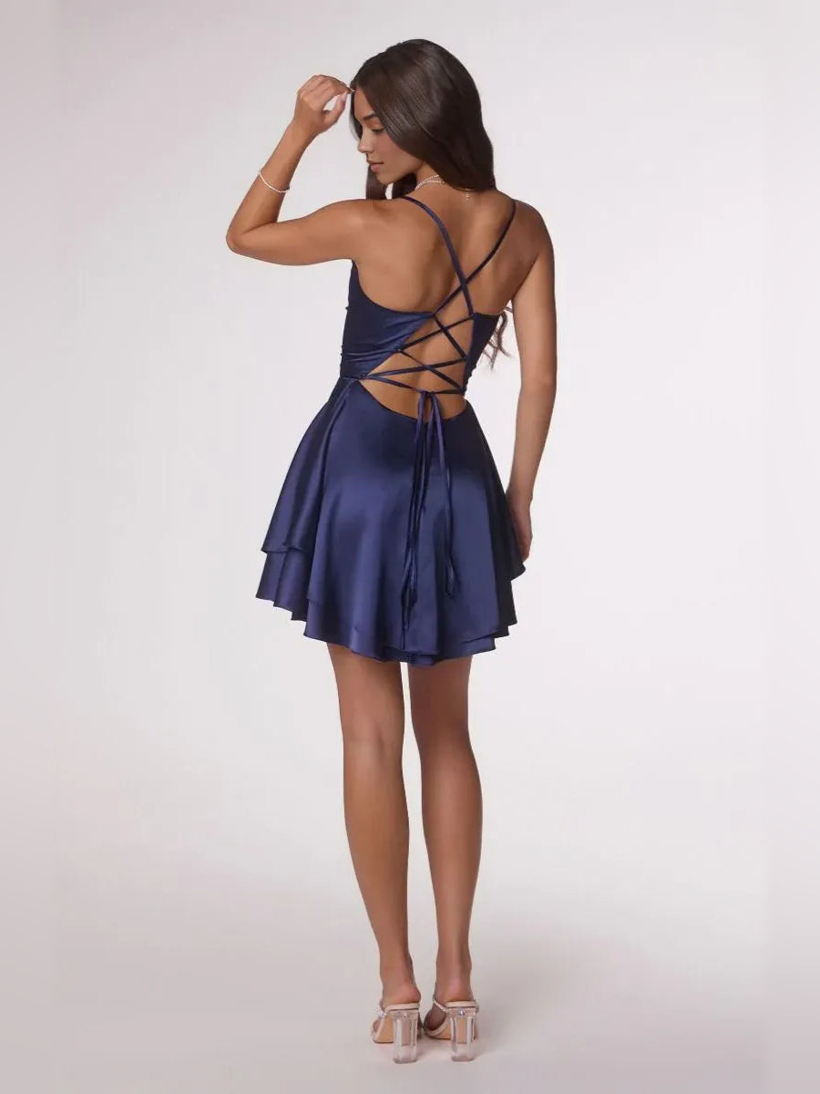 Navy Blue mini homecoming dress, back view showing the rear of the dress