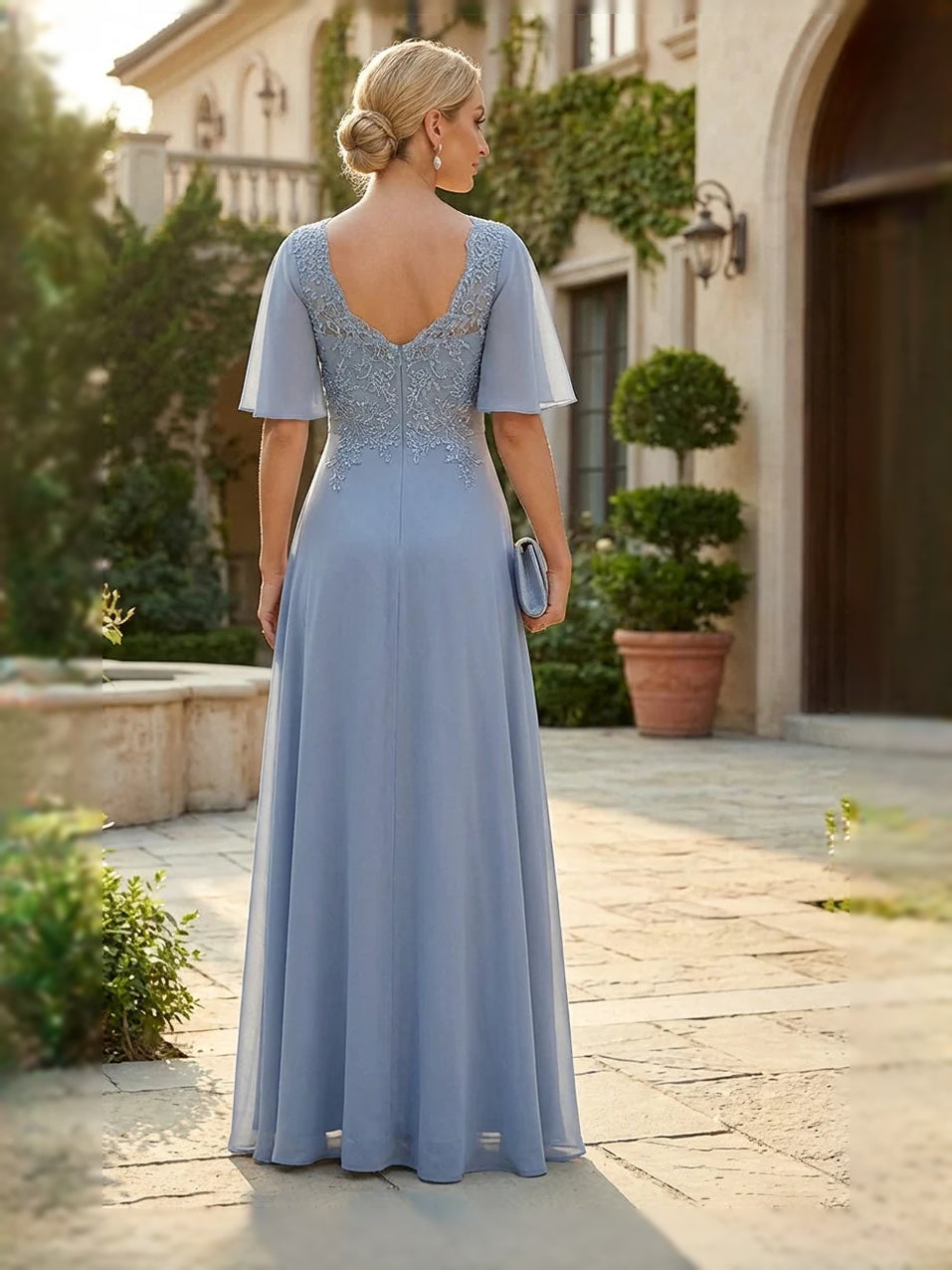 Dusty Blue floor-length mother of the bride dress, alternate view showing the bodice and skirt