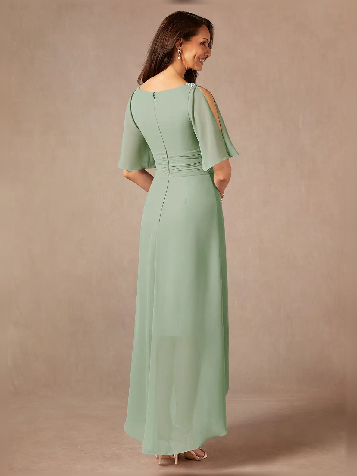 Dusty Sage midi mother of the bride dress, alternate view showing the bodice and skirt