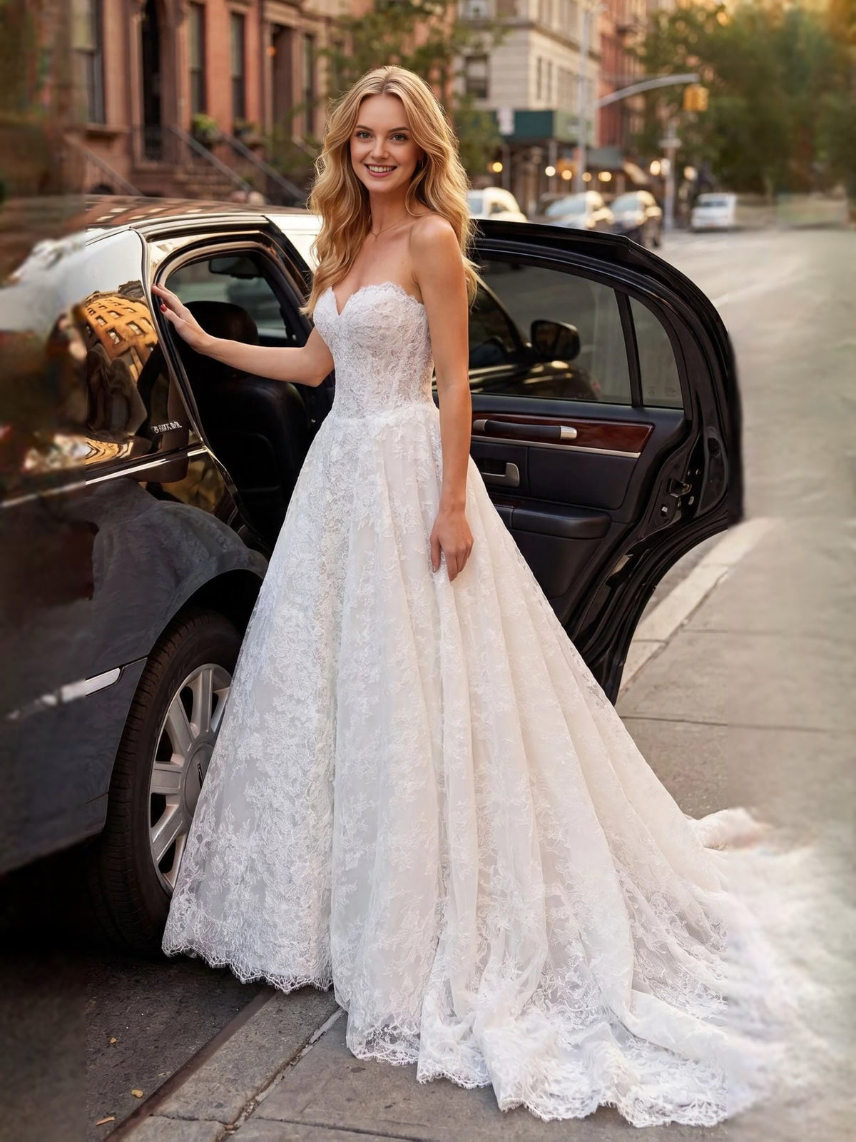 Ivory floor-length wedding dress, alternate view showing the bodice and skirt