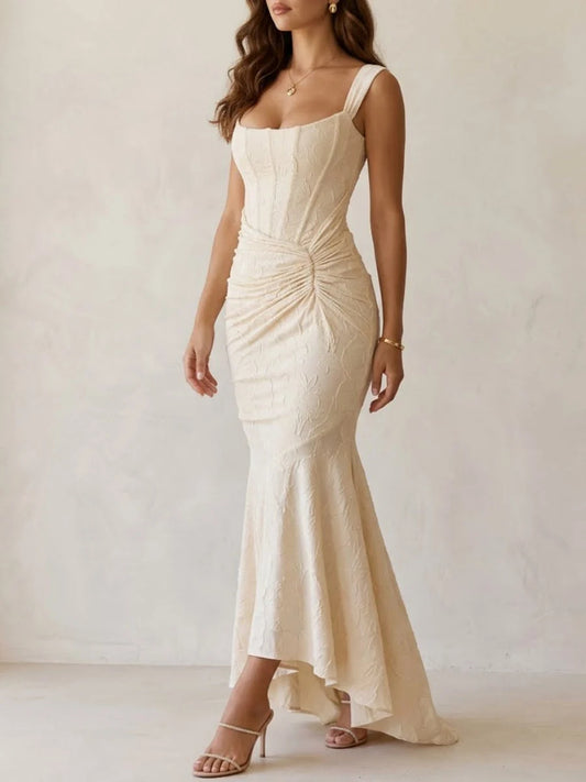 White mermaid midi formal dress with ruching, alternate view