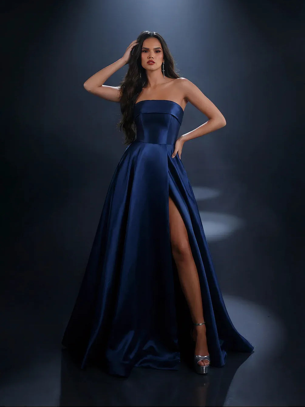 Dark Blue a-line floor-length formal dress with skirt slit, alternate view
