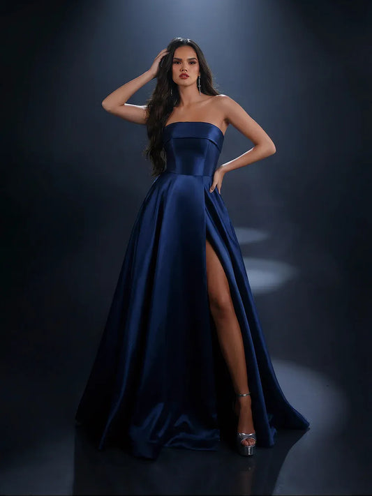 Dark Blue a-line floor-length formal dress with skirt slit, alternate view