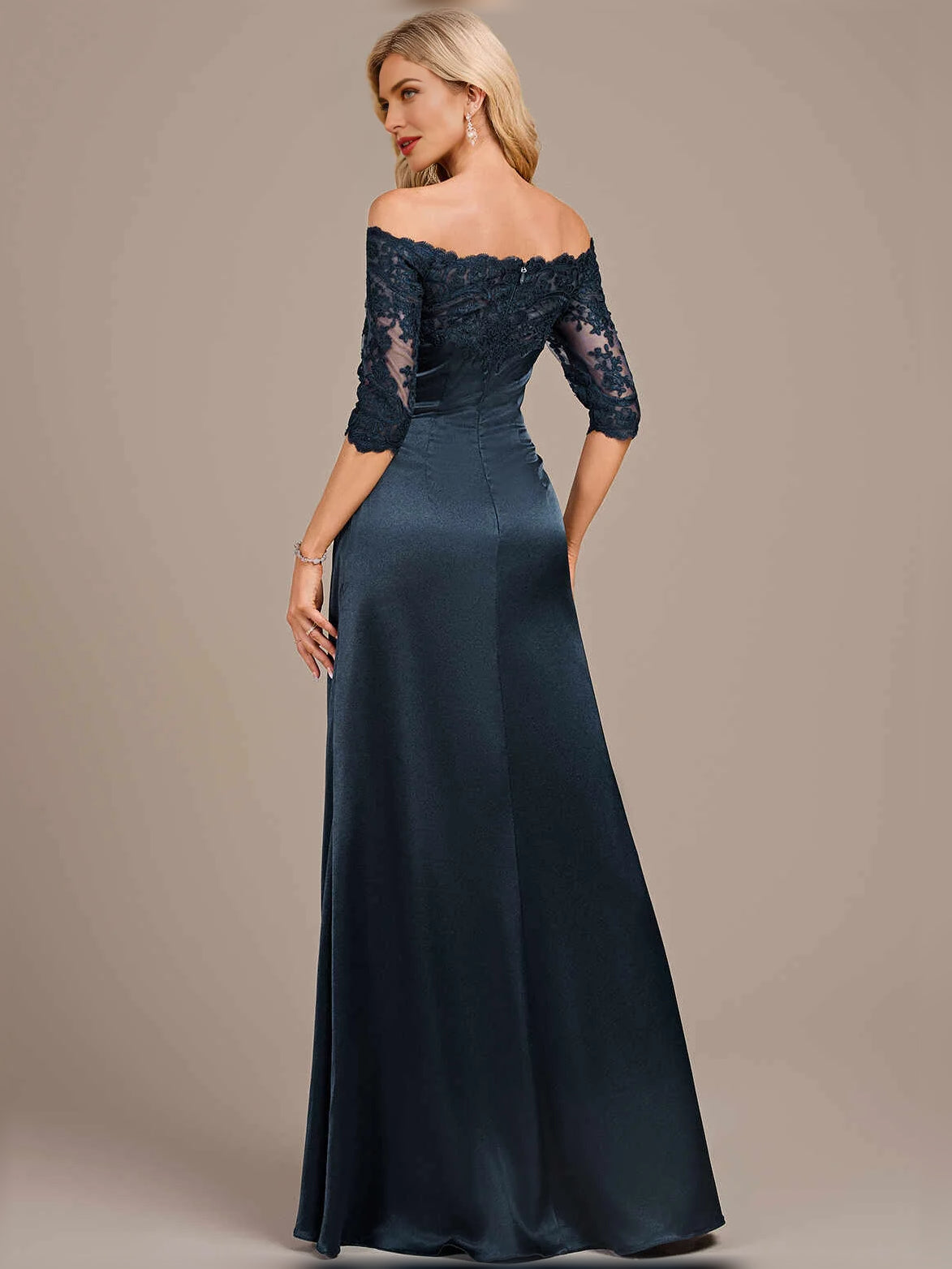 Dark Navy floor-length mother of the bride dress, alternate view showing the bodice and skirt