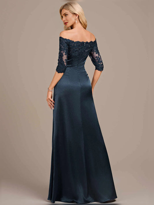 Dark Navy floor-length mother of the bride dress, alternate view showing the bodice and skirt