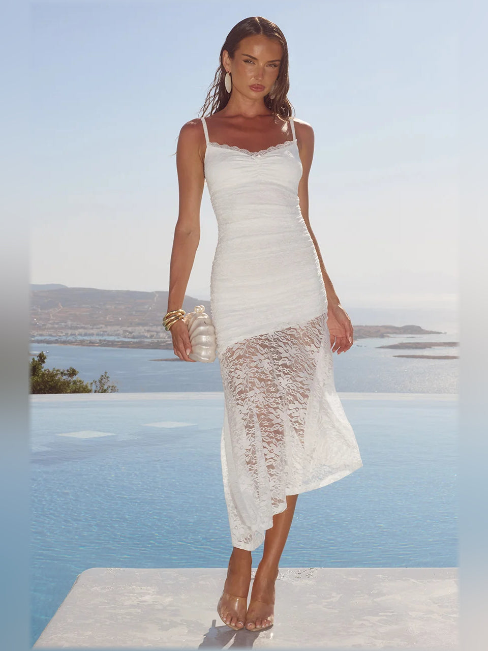 WHITE midi formal dress with ruching, alternate view