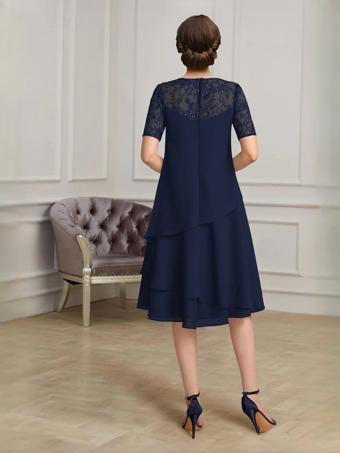 Navy Blue short mother of the bride dress, alternate view showing the bodice and skirt