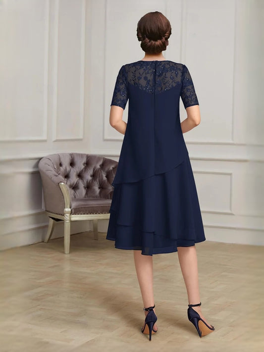 Navy Blue short mother of the bride dress, alternate view showing the bodice and skirt