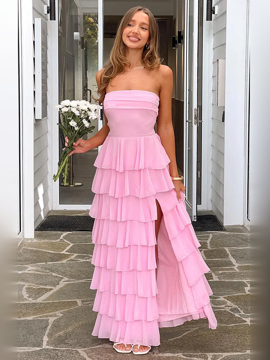 Pink maxi prom dress, alternate view showing the bodice and skirt