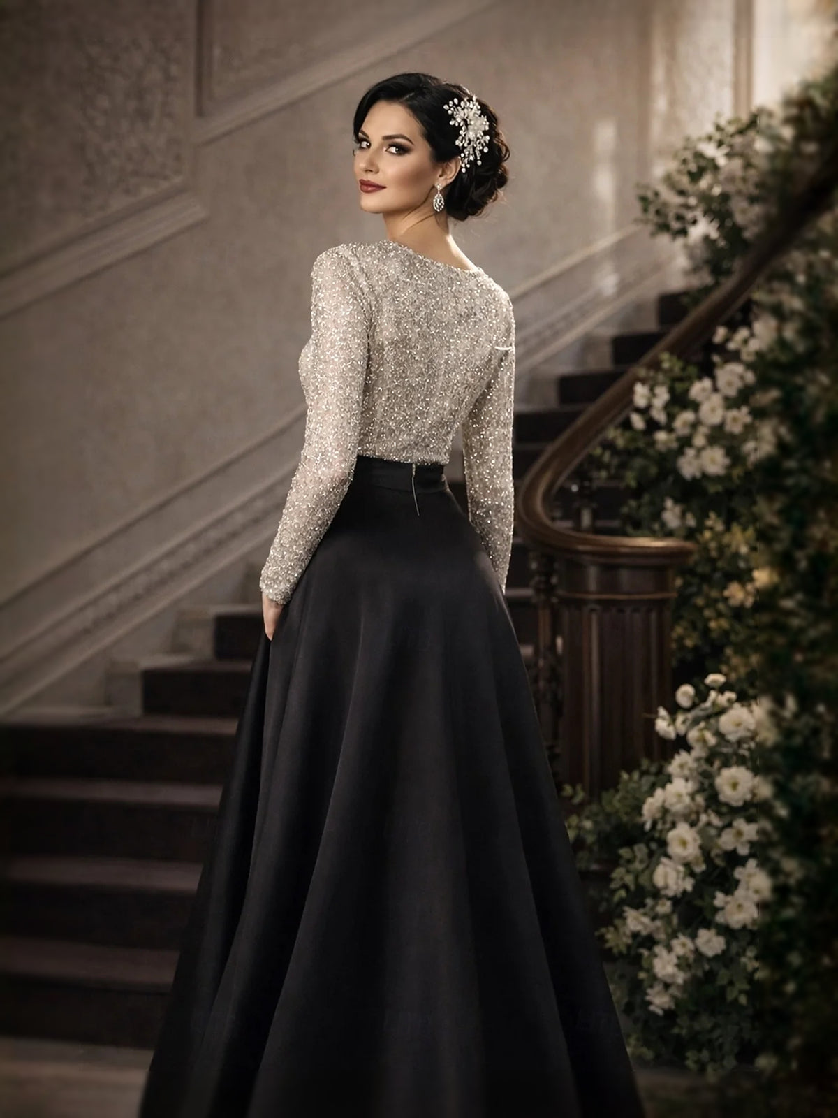 Black floor-length mother of the bride dress, alternate view showing the bodice and skirt