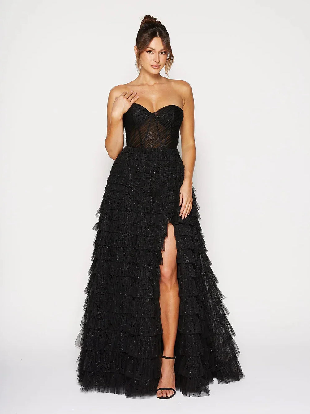 Black maxi prom dress, alternate view showing the bodice and skirt